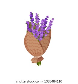 Bouquet of violet flowers in paper. Vector illustration.