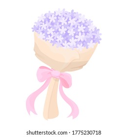 Bouquet of violet flowers with pink ribbon. Vector Illustration.