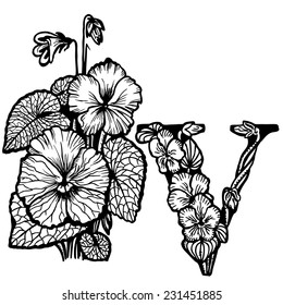 Bouquet of violets, flowers and leaves. Litera V.