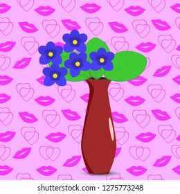 A bouquet of violets in a vase on a pink background of hearts and kisses. Vector image