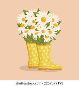 Bouquet of white chamomile flowers in yellow rain boots. Spring composition for Women's Day, Mother's Day, Valentine's Day and other holidays. Spring floral design isolated vector illustration.