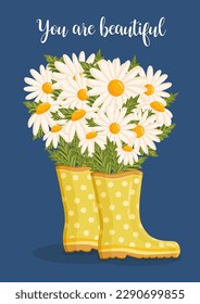 Bouquet of white chamomile flowers in yellow rain boots. Spring composition for Women's Day, Mother's Day, Valentine's Day and other holidays. Spring floral design isolated vector illustration.