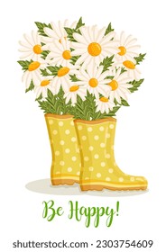 Bouquet of white chamomile flowers in yellow rain boots. Spring composition for Women's Day, Mother's Day, Valentine's Day and other holidays. Spring floral design isolated vector illustration.