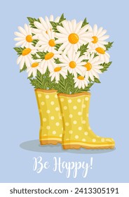 Bouquet of white chamomile flowers in yellow rain boots. Spring composition for Women's Day, Mother's Day, Valentine's Day and other holidays. Spring floral design isolated vector illustration.