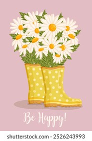 Bouquet of white chamomile flowers in yellow rain boots. Spring composition for Women's Day, Mother's Day, Valentine's Day and other holidays. Spring floral design isolated vector illustration.