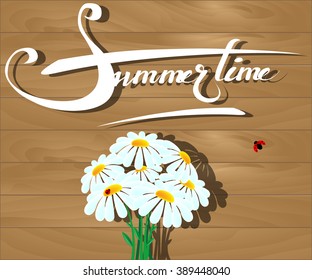 bouquet of white daisies on a wood background/ladybugs