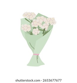 Bouquet with white elegant floral branches. Vector flat illustration of small delicate gypsophila flowers wrapped in light green paper. Floral clipart for wedding decor, holiday cards, and invitations