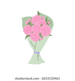 Bouquet with white elegant pink flowers and leaves. Vector flat illustration of dahlias wrapped in light green paper. Floral clipart for wedding decor, holiday cards, and invitations