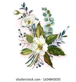 Bouquet with white flowers. Hand-drawn bouquet in vintage style. Design element for wedding invitation or greeting card. Vector illustration.