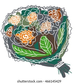 Bouquet with white lines. Vector hand drawn illustration. White background. Naive style.