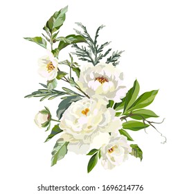 Bouquet of white peonies with grass on a white background. Greeting card template with flowers. Vector illustration.