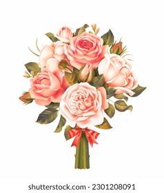 Bouquet of white and pink roses isolated on white. Vector illustration.