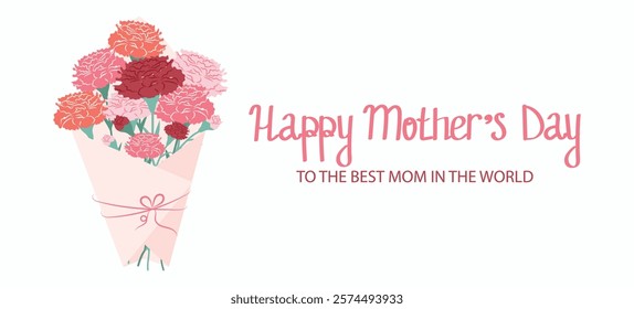 Bouquet of white, red, pink carnations for Mother's Day on a rectangular background. Inscription The best mother in the world, Happy Mother's Day. Vector banner, postcard