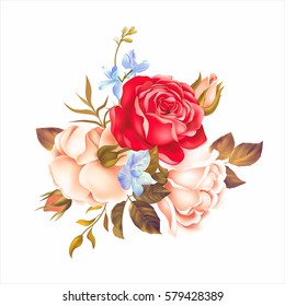 Bouquet with white and red roses on white background. Vector illustration.