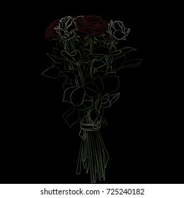 Bouquet of white and red roses .Vector illustration, a bright outline on a black background, hand-drawn