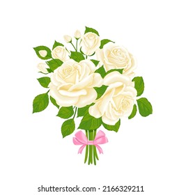 Bouquet of white rose flowers with a pink bow. Vector floral cartoon illustration.