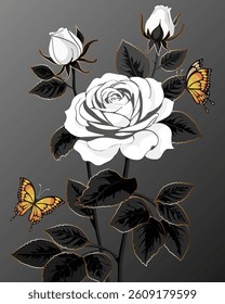 A bouquet of white roses and butterflies.Vector illustration with white roses and bright butterflies on a gray background.