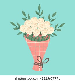 Bouquet of white roses. Illustration of white flowers. Design element for greeting card, invitation, print, sticker. Illustration for birthday, mother's day, valentine's and woman's day.