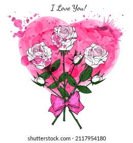 A bouquet of white roses on a watercolor pink heart. Hands drawing. valentine's day. Wedding flowers. The bride's bouquet. Isolated object on a white background. Vector illustration.
