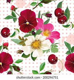 bouquet of white roses and purple pansies and cherries