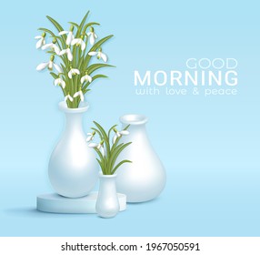 Bouquet of white snowdrops in a vase and notes good morning on turquoise background. Floral beautiful layout. Realistic spring flowers. Vector illustration EPS10