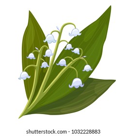 A bouquet of white spring flowers - lilies of the valley. These flowers symbolize the spring, the awakening of nature, the feast of Easter. Isolated image on white background. Vector illustration.