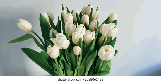 
Buquê de tulipas brancas com fundo vazio. Buquê de tulipas de flores da primavera. Buquê festivo, decoração. 8 de março, dia das mulheres, aniversário, dia das mães.