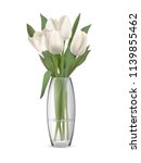 A bouquet of white tulips in a glass vase with water. Element of interior decor. Realistic vector illustration. Isolated on white background with transparent effect.