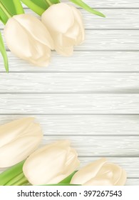 Bouquet of white tulips on wooden background. Top view. EPS 10 vector file included