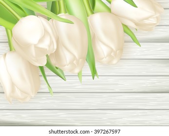 Bouquet of white tulips on wooden background. Top view. EPS 10 vector file included