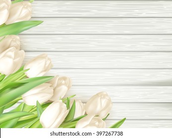 Bouquet of white tulips on a wooden background. EPS 10 vector file included