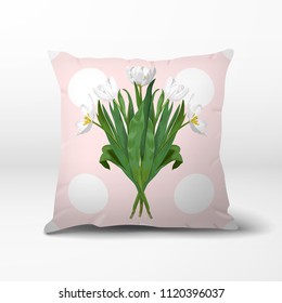 A bouquet of white tulips. Pattern on the pillow