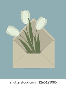 Bouquet of white tulips in the postal envelope. Spring flowers. Flower delivery concept. Floral composition. Vector illustration on a blue background