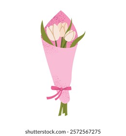 Bouquet of white tulips wrapped in pink paper with a decorative ribbon. Perfect for spring themes, elegant celebrations, and romantic gifts. Flat vector illustration isolated on white background.