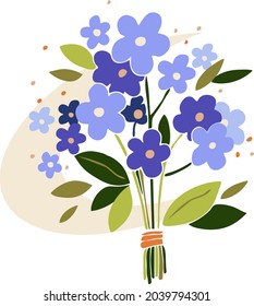 Bouquet of wild blue flowers and leaves in a rustic style