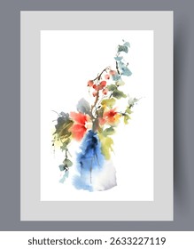 Bouquet of wild flowers and branches of flowering trees in glass vase on print. Watercolor poster. Artwork with gift bouquet to congratulate woman on Valentine day, in frame with decor for wall art