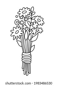 Bouquet of wild flowers. Elegant flower emblem, botanical logo, sign, outline icon, simple linear vector illustration. Minimal design.