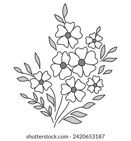 Bouquet of wild flowers in folk style design element. Floral pattern on white background. Hand drawing vector illustration. Graphic design of spring flowers. Monochrome black and white design tattoo.