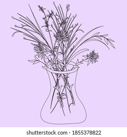 Bouquet of wild flowers in glass vase. Isolated illustration in handdrawn style, place for signature. Vector drawing in Scandinavian style on light background. For postcards, invitations, valentines.