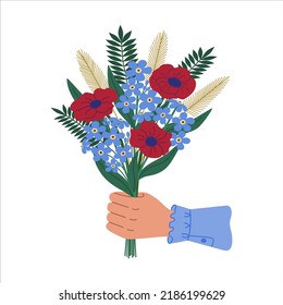 Bouquet of wild flowers in hand. Beautiful blooming spring plants for congratulation. Holiday present. Hand drawn colored vector illustration isolated on white background. Flat cartoon style.