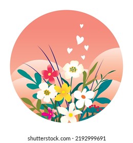 Bouquet of wild flowers and hearts on a round background in red, orange and pink colors. Valentine's day, birthday. Vector design for stories and highlights. Designed in flat style.