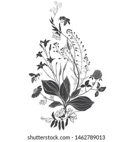 A bouquet of wild flowers and herbs with bees. Summer background. Black and white vector illustration.  Isolated element for design on white. Silhouette.
