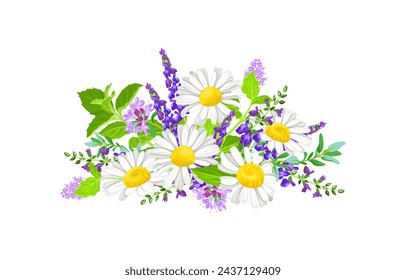 Bouquet of wild flowers and herbs. Vector cartoon illustration of beautiful flower arrangement.