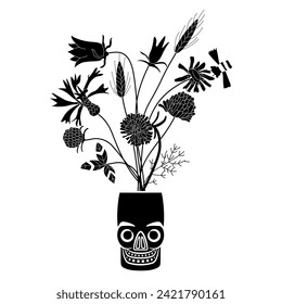 Bouquet of wild flowers in a human skull vase. Creative design. Black and white silhouette.