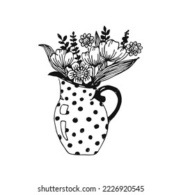 Bouquet of wild flowers in a jug vector line illustration for wallpaper, pattern fills, web page background, surface textures.