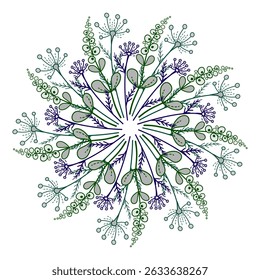 Bouquet of wild flowers and leaves. Colorful floral mandala on white background. Romantic round ornament of calm colors. Doodle graphic design of summer flowers.