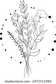 Bouquet of wild flowers line art. Flat isolated  hand drawn flowers. Vector illustration.