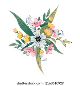 Bouquet of wild flowers on an isolated background. Cartoon illustration of flower arrangement in flat style. Suitable for stickers, posters, postcards, etc.