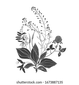 A bouquet of wild flowers. Summer floral composition. Black and white vector illustration. Isolated element for design on white. Silhouette.