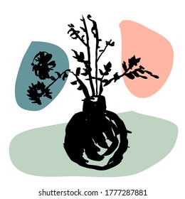 Bouquet of wild flowers, twigs, dandelions in a dark round vase in Japanese ikebana style. Minimal fuzzy linear retro illustration collage with color block paper cut out details. Black blue coral pink